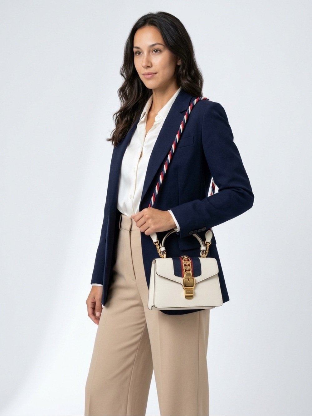 Gucci Sylvie small Cream Leather Top Handle Crossbody Bag with Red & Blue Strap